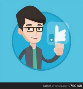Man pressing like button. Man pressing social like button with thumb up. Caucasian smiling man pressing social network button. Vector flat design illustration in the circle isolated on background.. Man pressing like button vector illustration.