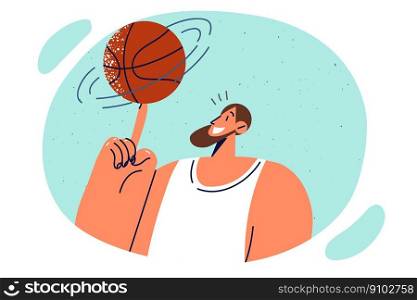 Man professional basketball player spins ball on finger demonstrating professionalism and leadership in team sport game. Guy who plays basketball as hobby does trick with ball and smiles . Man professional basketball player spins ball on finger demonstrating professionalism and leadership