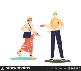 Man promoter giving leaflets to attract new clients or buyer on street offline. Outdoor promotion distribution and commercial campaign concept. Cartoon flat vector illustration. Man promoter giving leaflets to attract new clients offline. Outdoor promotion distribution