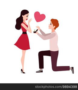 Man proposes woman to marry him. Love engagement, lover stand on knee and asking woman merry him, gives gold ring with diamond, cute young romantic couple flat vector cartoon isolated illustration. Man proposes woman to marry him. Love engagement, lover stand on knee and asking woman merry him, gives gold ring with diamond, young romantic couple vector cartoon isolated illustration