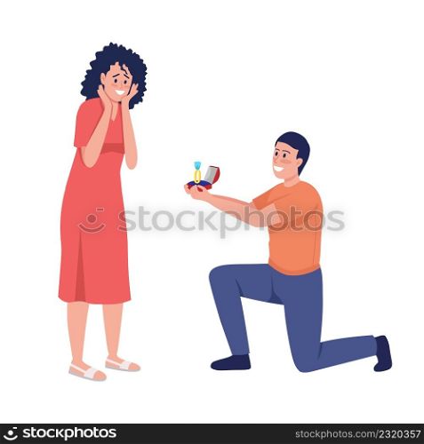 Man proposing to his beloved woman semi flat color vector characters. Couple in love. Full body people on white. Engagement simple cartoon style illustration for web graphic design and animation. Man proposing to his beloved woman semi flat color vector characters
