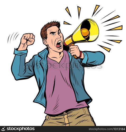 man protester with megaphone. isolate on white background. Democracy opposition freedom of speech. Pop art retro vector illustration drawing vintage kitsch. man protester with megaphone. isolate on white background
