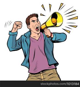 man protester with megaphone. isolate on white background. Democracy opposition freedom of speech. Pop art retro vector illustration drawing vintage kitsch. man protester with megaphone. isolate on white background