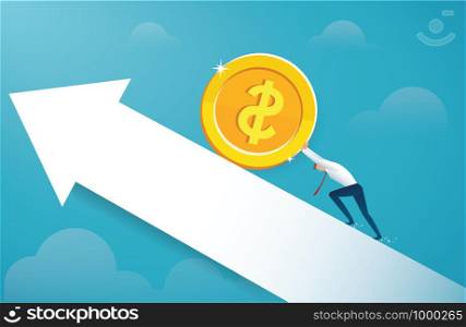 man push the big gold coin to success vector illustration eps10