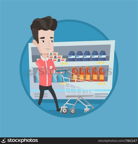 Man pushing an empty supermarket cart. Customer shopping at supermarket with cart. Caucasian man walking with cart in supermarket. Vector flat design illustration in the circle isolated on background.. Customer with shopping cart vector illustration.