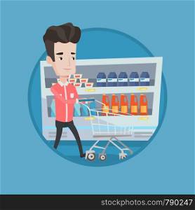 Man pushing an empty supermarket cart. Customer shopping at supermarket with cart. Caucasian man walking with cart in supermarket. Vector flat design illustration in the circle isolated on background.. Customer with shopping cart vector illustration.