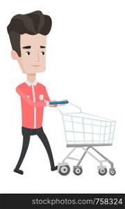 Man pushing an empty supermarket trolley. Customer shopping at supermarket with trolley. Caucasian man walking with supermarket trolley. Vector flat design illustration isolated on white background.. Customer with shopping cart vector illustration.