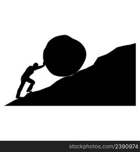 man pushing big boulder uphill. Concept of fatigue, effort, courage, power, force Vector cartoon black silhouette in flat design isolated on white background
