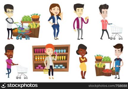 Man pushing supermarket cart with some products in it. Man shopping at supermarket with cart. Man buying products in supermarket. Set of vector flat design illustrations isolated on white background.. Vector set of shopping people characters.