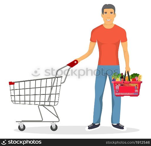 man pushing supermarket shopping cart. isolated on white background. Red plastic shopping basket full of groceries products in hand. Grocery store. illustration in flat style. shopping man with a cart