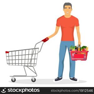 man pushing supermarket shopping cart. isolated on white background. Red plastic shopping basket full of groceries products in hand. Grocery store. illustration in flat style. shopping man with a cart
