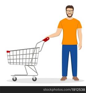 man pushing supermarket shopping cart. isolated on white background. Vector illustration in flat style. shopping man with a cart