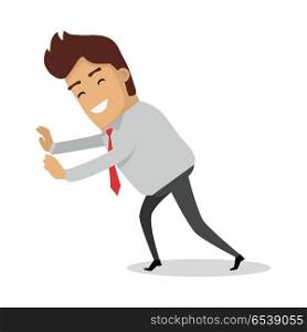 Man Pushing Unseeing Wall. Businessman with tie. Man pushing unseeing wall. Businessman with tie push something. Sucessfull smiling person isolated on white background. Happy fight with problem. Successful idea banner. Satisfied male. Vector illustration
