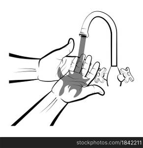 man put his palms under the water pouring from a faucet. Hand washing, morning hygiene. Disease Prevention. Isolated vector on white background