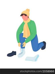 Man put on skates semi flat color vector character. Dynamic figure. Full body person on white. Preparing for winter ride isolated modern cartoon style illustration for graphic design and animation. Man put on skates semi flat color vector character