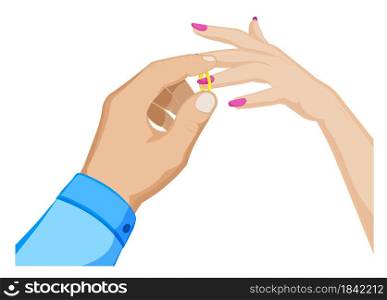 man puts a wedding ring on a womans finger. Marriage, family, wedding ceremony. Cartoon vector on white background