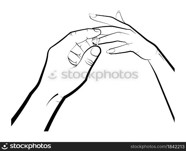 man puts a wedding ring on a womans finger. Marriage, family, wedding ceremony. Isolated eyelid on a white background