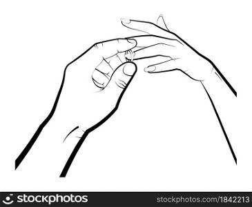 man puts a wedding ring on a womans finger. Marriage, family, wedding ceremony. Isolated eyelid on a white background