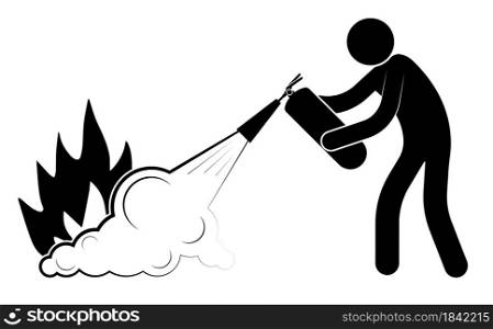 man puts out a fire from a fire extinguisher. Emergency actions. Dangerous professions. Isolated vector on white background. Crisis. A man holds a dying red and green arrow in his hands. Falling oil and stock prices. Isolated vector on white background