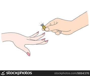 Man putting a diamond ring on woman’s finger. Vector illustration