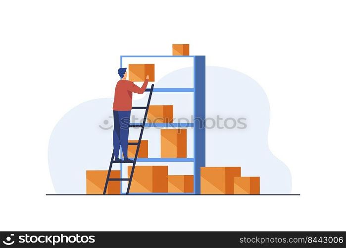 Man putting boxes on shelves of rack. Staircase, management. Flat vector illustration. Warehousing concept can be used for presentations, banner, website design, landing web page