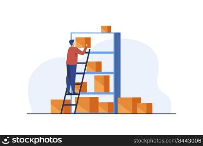 Man putting boxes on shelves of rack. Staircase, management. Flat vector illustration. Warehousing concept can be used for presentations, banner, website design, landing web page