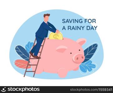Man putting coin in piggy bank 2D vector web banner, poster. Saving for rainy day phrase. Flat character on cartoon background. Money savings printable patch, colorful web element. Man putting coin in piggy bank 2D vector web banner, poster