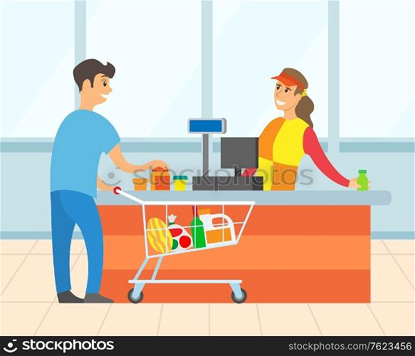 Man putting food on cashier, smiling worker female conducting products. Supermarket shopping, male with truck of meal, paying for purchase in store vector. Flat cartoon. Male Paying for Purchase in Supermarket Vector