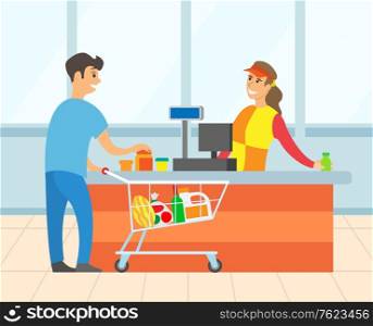 Man putting food on cashier, smiling worker female conducting products. Supermarket shopping, male with truck of meal, paying for purchase in store vector. Flat cartoon. Male Paying for Purchase in Supermarket Vector