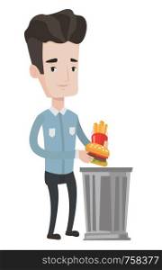 Man putting junk food into a trash bin. Man refusing to eat junk food. Man rejecting junk food. Man throwing away junk food. Diet concept. Vector flat design illustration isolated on white background.. Man throwing junk food vector illustration.