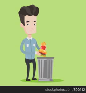 Man putting junk food into a trash bin. Man refusing to eat junk food. Man rejecting fast food. Man throwing hamburger and french fries. Diet concept. Vector flat design illustration. Square layout.. Man throwing junk food vector illustration.