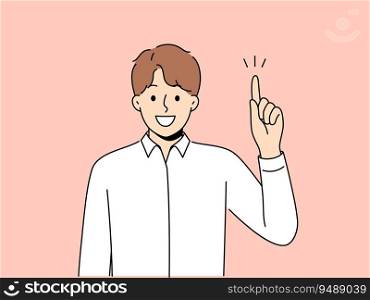 Man raises finger and says there is idea or advice to solve difficult problem. Smiling guy in white shirt points up and looking at screen, sharing brilliant idea for success or career growth. Happy man raises finger and says there is idea or advice to solve difficult problem.