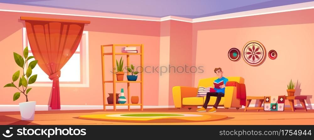 Man read book at home, young male character sitting on couch in bohemian style interior relaxing reading interesting literature or prepare to examination, education concept Cartoon vector illustration. Man read book at home, male character sit on couch