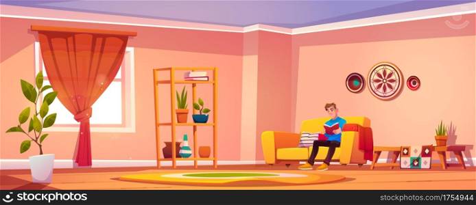 Man read book at home, young male character sitting on couch in bohemian style interior relaxing reading interesting literature or prepare to examination, education concept Cartoon vector illustration. Man read book at home, male character sit on couch
