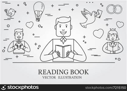 Man Reading A Book And Imagining The Love Story. Think line icon. Vector illustration.