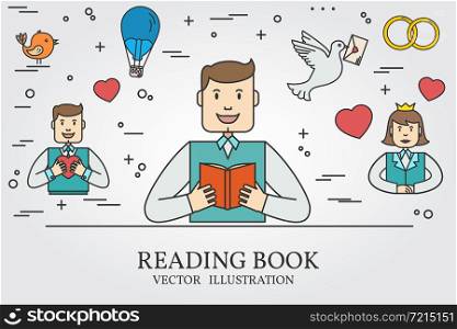 Man Reading A Book And Imagining The Love Story. Think line icon. Vector illustration.