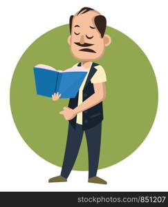 Man reading blue book, illustration, vector on white background.