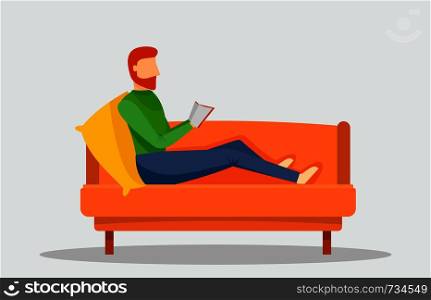 Man reading book at sofa banner horizontal. Flat illustration of vector man reading book at sofa banner horizontal for web design. Man reading book at sofa banner horizontal, flat style