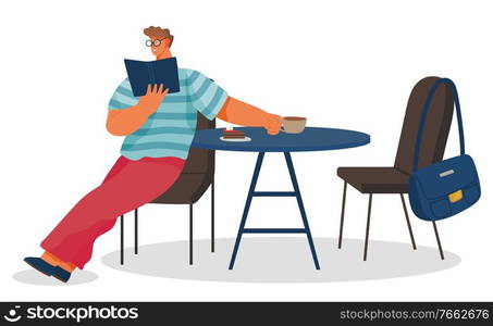 Man reading book in coffeehouse. Guy sitting on chair by table, cup with beverage and dessert on surface. Person drink coffee and eat cake. Vector illustration of person in cafe in flat style. Man Read Book in Coffeehouse and Drink Coffee