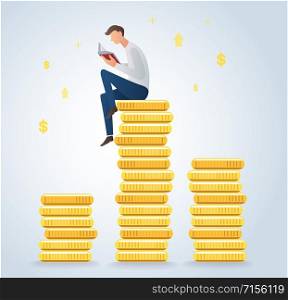 man reading book on coins, business concept vector illustration