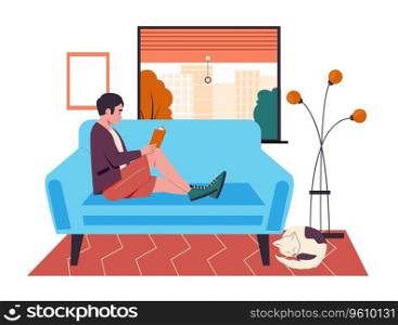 Man reading book on couch at home. Vector of reading book, read on couch or sofa, get knowledge illustration. Man reading book on couch at home