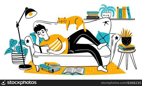 Man reading book on couch. Relaxed adult reads on sofa with cat at home. Hand drawn reader enjoying hobby. Leisure lifestyle vector concept. Man on couch study with book illustration. Man reading book on couch. Relaxed adult reads on sofa with cat at home. Hand drawn reader enjoying hobby. Leisure lifestyle vector concept