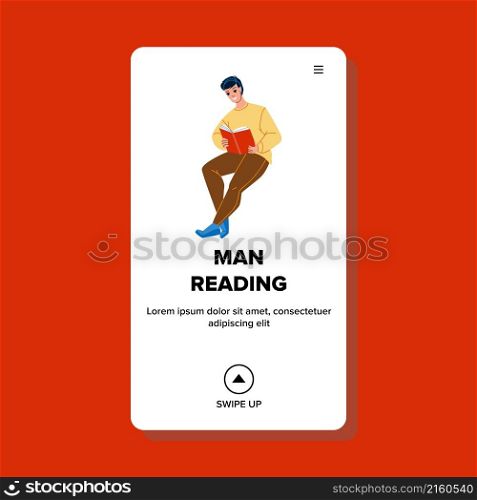 Man reading book. people student. reader male study. person education character web flat cartoon illustration. Man reading vector