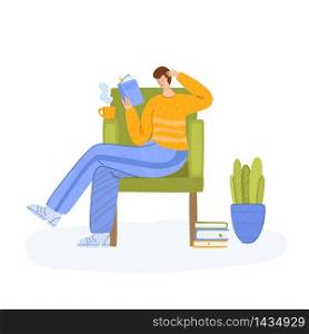 Man reading book sitting in chair, student read and study, literature fans or lovers concept, modern flat cartoon textured people character isolated on white - vector illustration. Literature fans people with books