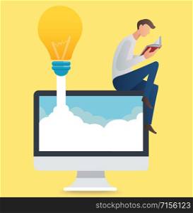 man reading book sitting on a computer vector illustration