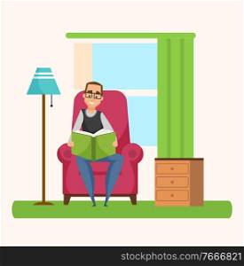 Man reading book sitting on armchair in cosy flat, room interior. Vector persons leisure or hobby. Smiling male character wearing glasses sitting near l&. Smiling Male Reading Book at Home, Hobby Vector