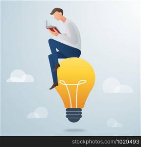 man reading book sitting on light bulb vector illustration