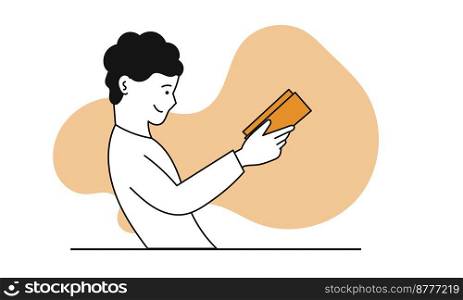 Man reading book vector concept illustration. Education character and student study. Knowledge with literature and male hobby learning. Smart information and educational literary. Clever adult guy