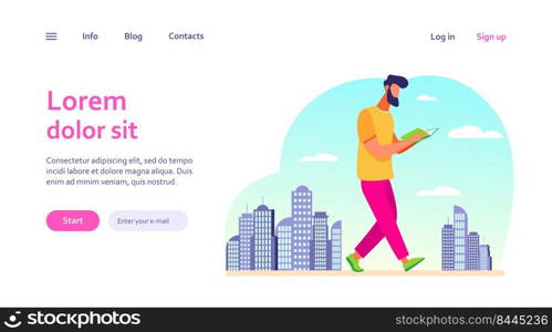 Man reading book while walking in city. Student doing homework on run flat vector illustration. Studying, education, reader concept for banner, website design or landing web page
