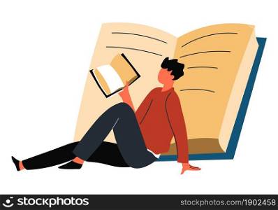 Man reading books for fun and relaxation. Male character exploring information for examination or test in school or university. Personage with notebook, bookworm hobbies. Vector in flat style. Male character adult or student reading books